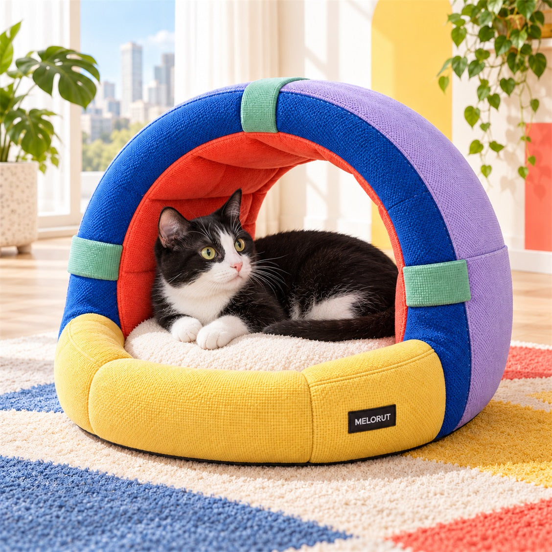 Melorut Colorblock Hooded Cat Nest - in-use scene