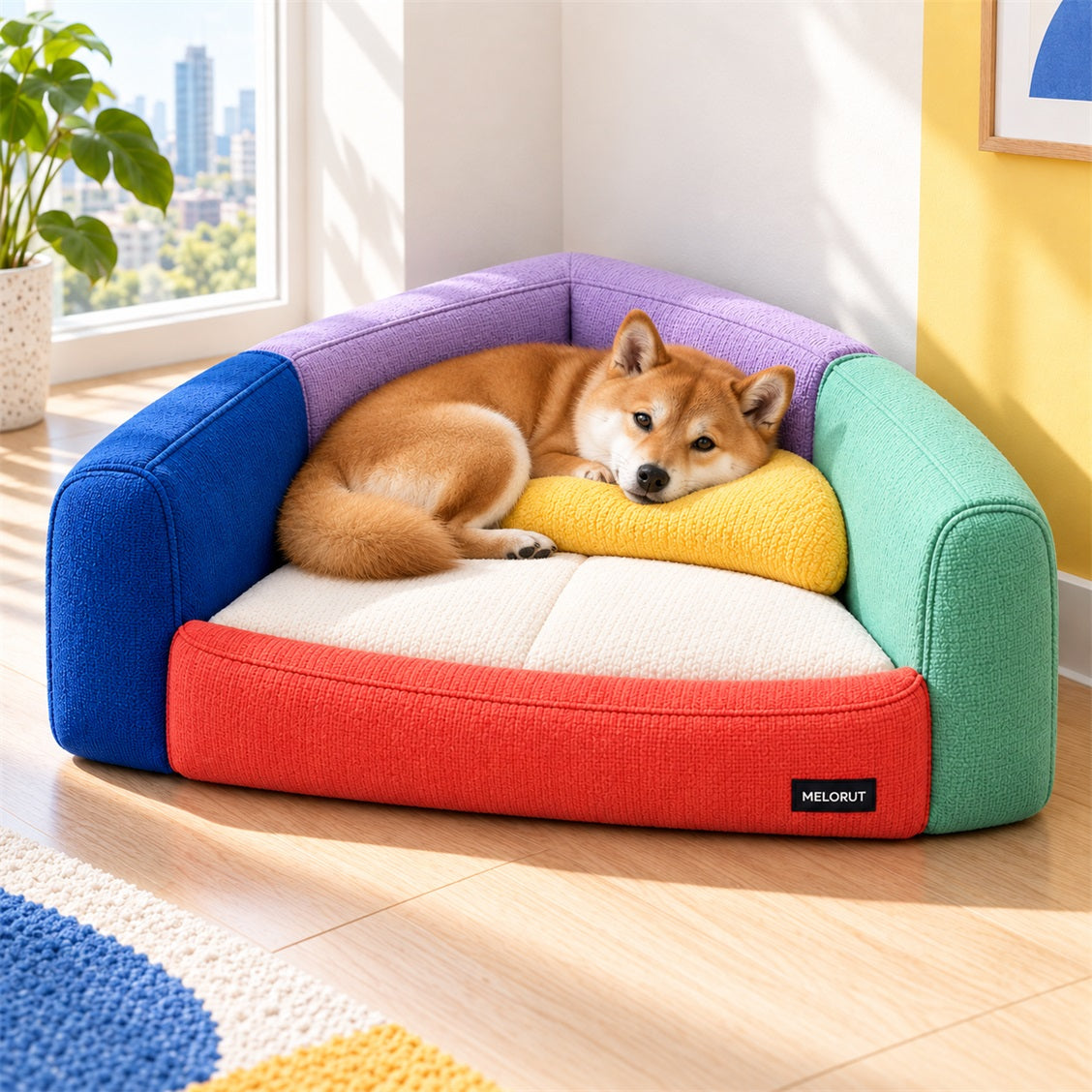Melorut Crescent Corner Nest Pet Bed - in-use scene